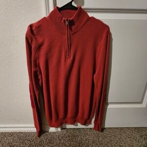 AIGLE Men's Red Cotton 1/4 Zip Sweater Size L with Suede Elbow Patches